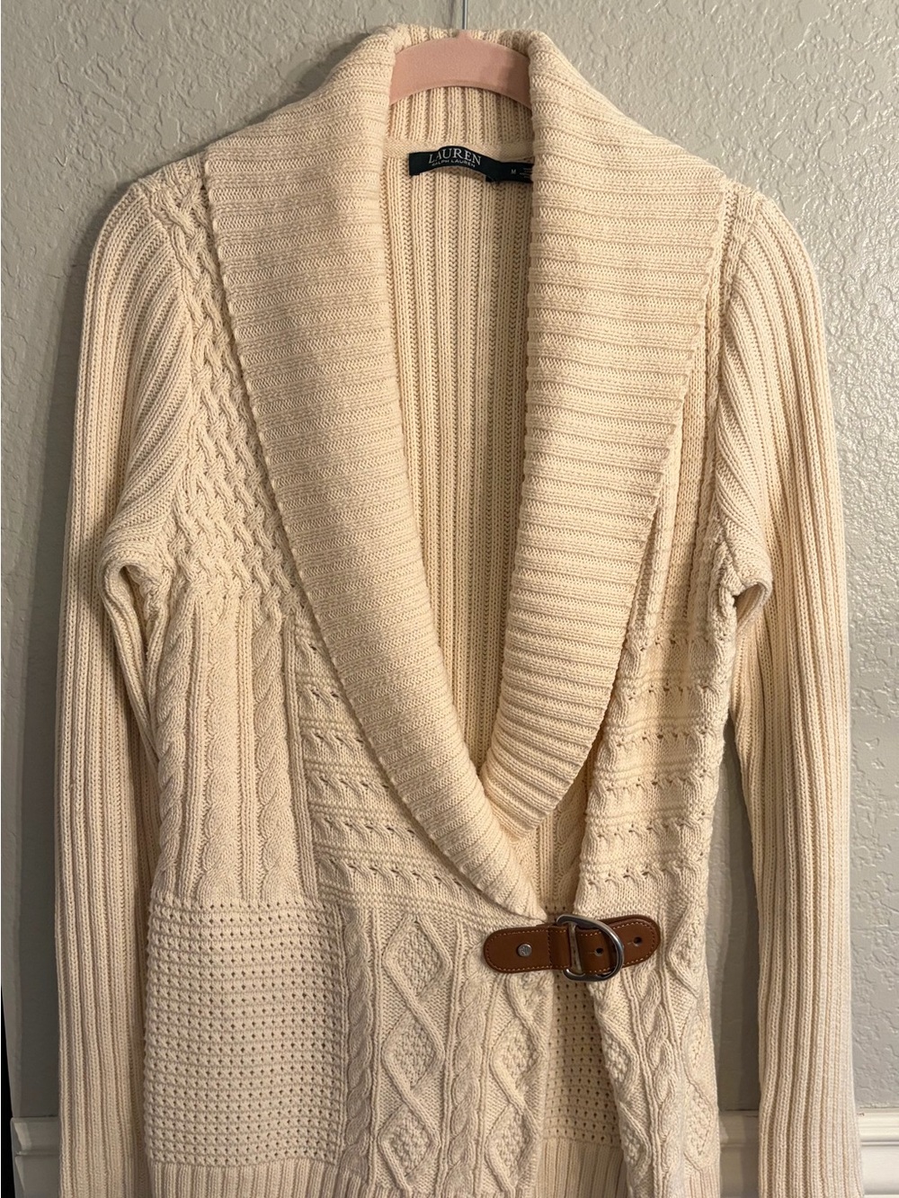 Ralph Lauren Cream Cable-Knit Shawl Collar Cardigan with Buckle SZ M.